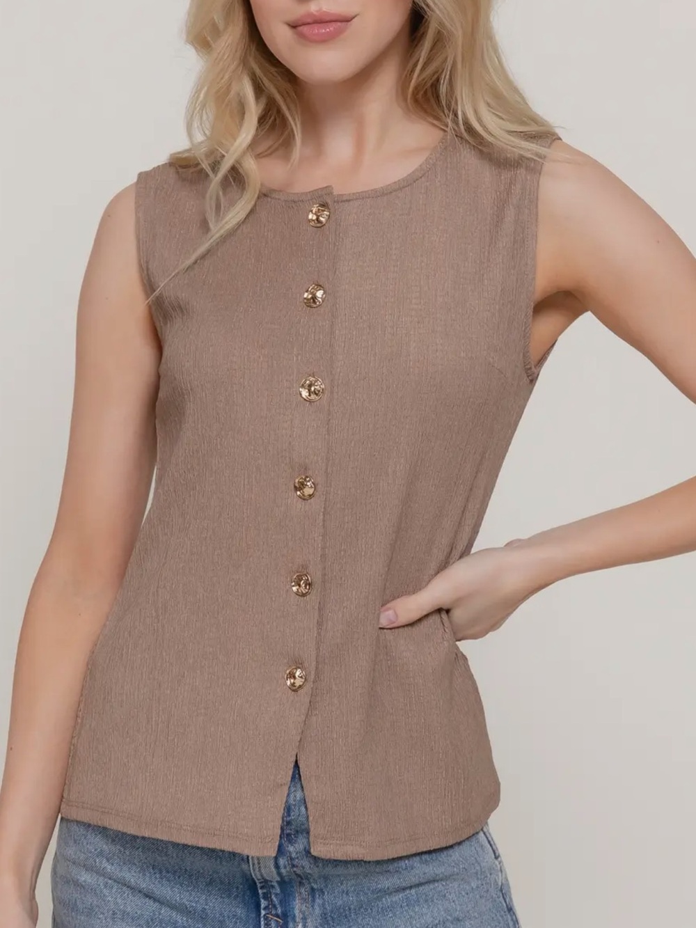 ShopEvelynne Taupe Sleeveless Button-Front Tank